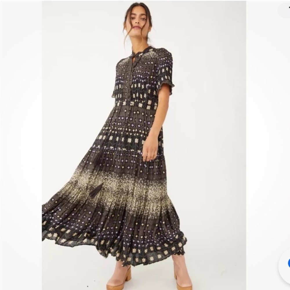 Free People Black and Cream Floral Maxi Dress